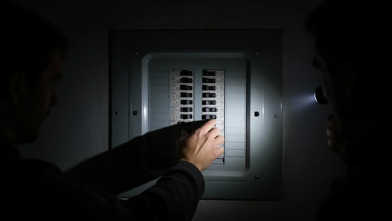 Homeowner checking circuit breaker panel with flashlight during power outage