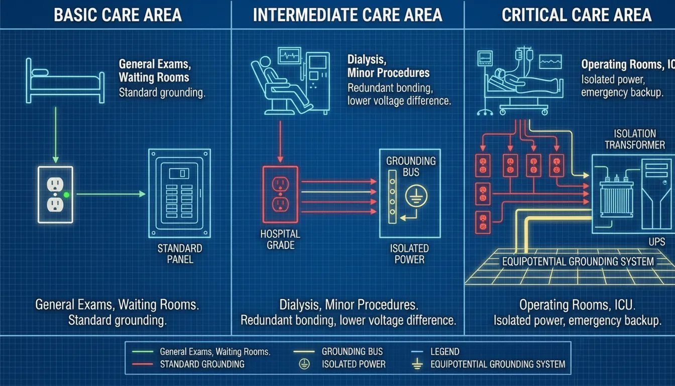 CEC Section 24 Patient Care Area infographic: Basic, Intermediate and Critical Care zones with electrical requirements