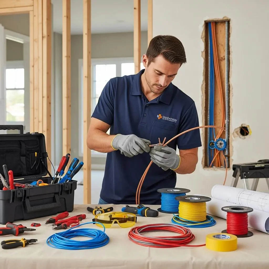 Electrician installing new copper wiring during home rewire